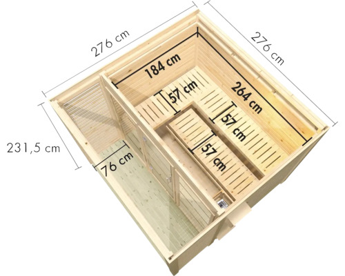 Draufsicht einer Holzsauna mit Maßangaben zur Raumaufteilung und Innenbänken.