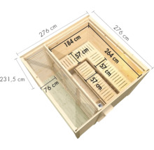 Draufsicht einer Holzsauna mit Maßangaben in Zentimetern, inklusive Saunaofen und Liegeflächen zur Planung der Raumaufteilung.