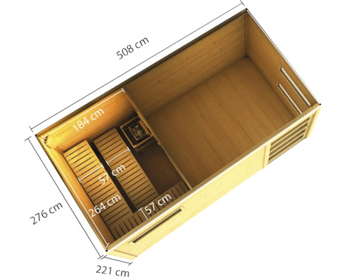 Draufsicht einer Holzsauna mit zwei Räumen, Saunabank, Saunaofen und Maßangaben in Zentimetern.