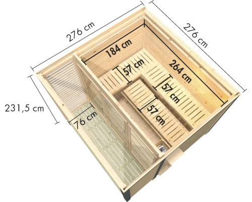 Sauna aus Holz mit Maßangaben in einer Draufsicht zur Veranschaulichung der Innenmaße und Sitzbankkonfiguration.