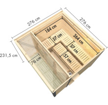Sauna aus Holz mit Maßangaben in der Vogelperspektive, inklusive Sitzbänken und integriertem Saunabereich.