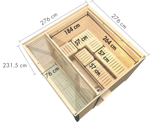 Draufsicht einer Holzsauna mit Maßangaben der Außenwände und Innenbänke sowie einem Vorraum.