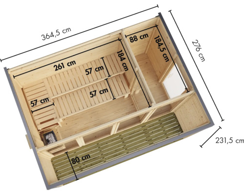 Draufsicht einer Gartensauna aus Holz mit Maßangaben und Terrasse.