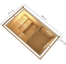 Draufsicht auf eine Garten-Sauna aus Holz mit Bemaßung, bestehend aus Saunaraum und Vorraum mit Liegen und Sitzgelegenheiten.