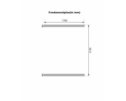 Fundamentplan mit Maßen in Millimeter für den Aufbau eines Gartenhauses oder Gerätehauses.