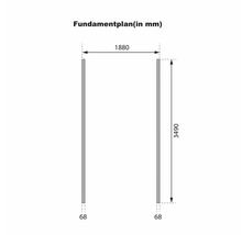 Technischer Fundamentplan mit Maßen in Millimeter für den Aufbau eines Gartenhauses oder Carports.