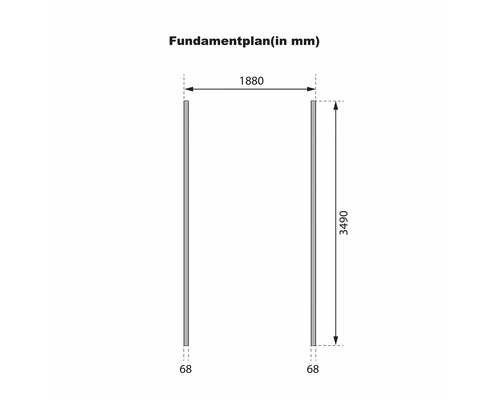 Technischer Fundamentplan mit Maßen in Millimeter für den Aufbau eines Gartenhauses oder Carports.