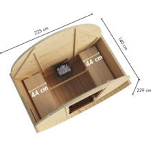 Draufsicht einer Holz-Fasssauna mit Saunaholzofen und zwei Saunabänken inklusive Bemaßungen.