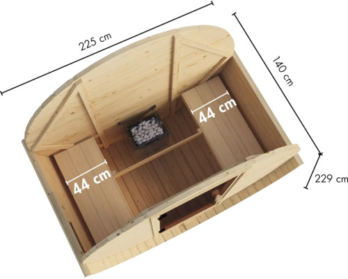 Draufsicht einer Holz-Fasssauna mit Saunaholzofen und zwei Saunabänken inklusive Bemaßungen.