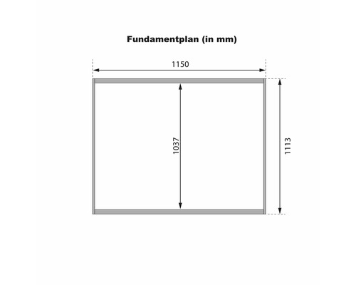 Technischer Fundamentplan mit Maßangaben in Millimetern zur Vorbereitung des Untergrunds für ein Gartenhaus oder Gerätehaus.