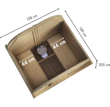 Draufsicht einer Holzsauna mit Maßangaben 158 mal 140 mal 205 Zentimeter und zwei Sitzbänken mit 44 Zentimetern Tiefe sowie einem Saunaofen.