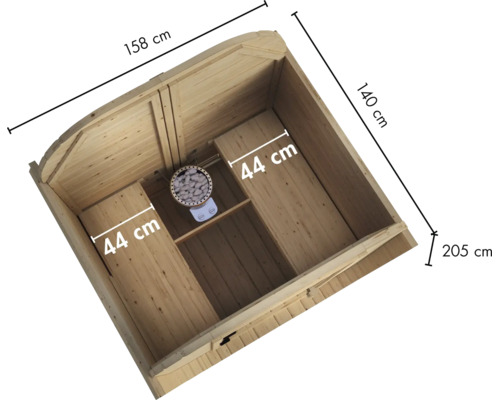 Draufsicht einer Holzsauna mit Maßangaben 158 mal 140 mal 205 Zentimeter und zwei Sitzbänken mit 44 Zentimetern Tiefe sowie einem Saunaofen.