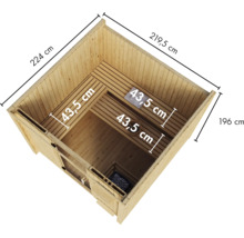 Draufsicht einer Holzsauna mit Maßangaben für Außenmaße und Saunabänke