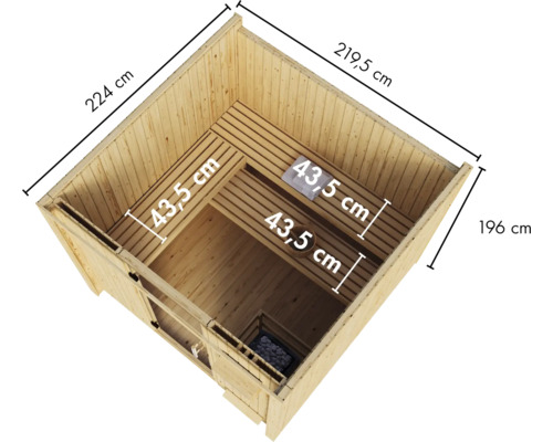 Sauna aus Holz in Draufsicht mit Maßangaben der Außenmaße und Innenbänke.