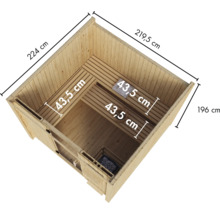 Draufsicht einer Holzbalkensauna mit Maßangaben der Wände und Saunabänke in Zentimetern