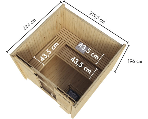 Draufsicht einer Holzbalkensauna mit Maßangaben der Wände und Saunabänke in Zentimetern