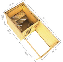 Gartensauna aus Holz mit Maßangaben in der Draufsicht, inklusive Saunaofenbereich und Innenbänken.