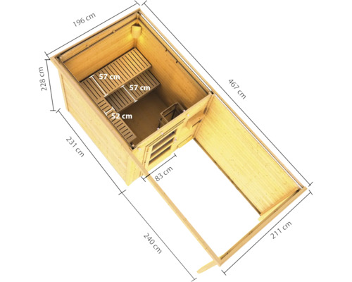 Gartensauna aus Holz mit Maßangaben in der Draufsicht, inklusive Saunaofenbereich und Innenbänken.