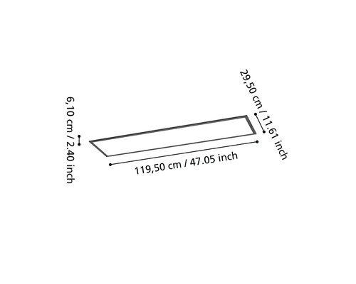 Maßzeichnung für ein rechteckiges LED-Panel mit den Maßen 119,50 Zentimeter Länge, 29,50 Zentimeter Breite und 6,10 Zentimeter Höhe.