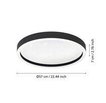 Schwarze, runde LED-Deckenleuchte mit Sterneneffekt, Durchmesser 57 Zentimeter und Höhe 7 Zentimeter.