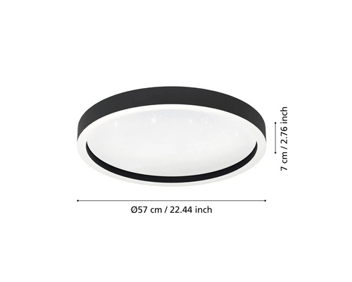 Schwarze, runde LED-Deckenleuchte mit Sterneneffekt, Durchmesser 57 Zentimeter und Höhe 7 Zentimeter.