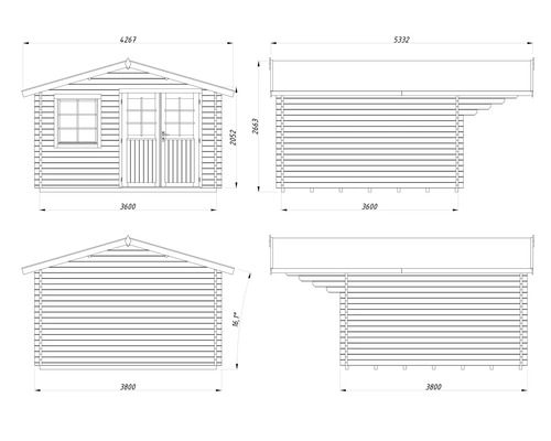 Technische Zeichnung eines Gartenhauses aus Holz mit Vorder-, Rück- und Seitenansichten inklusive Maßangaben in Millimetern.