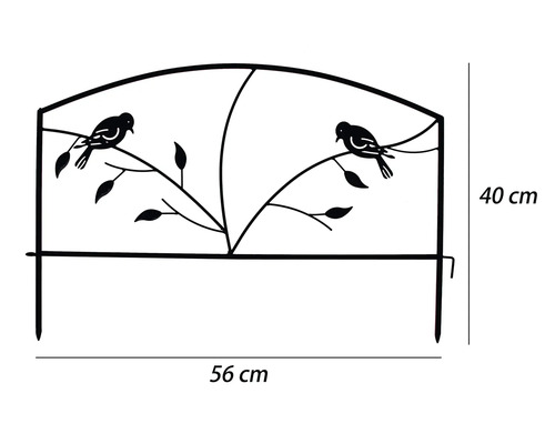 Schwarze Beetumrandung aus Metall mit Vogelmotiv, 56 Zentimeter breit und 40 Zentimeter hoch.