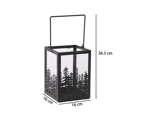 Windlicht Laterne aus Metall und Glas mit Tannenbaum-Motiv, Maße 16 mal 16 mal 36,5 Zentimeter.