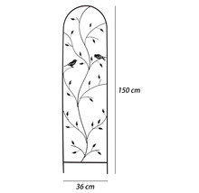 Rankhilfe aus Metall mit Blatt- und Vogel-Dekor, 150 auf 36 Zentimeter.
