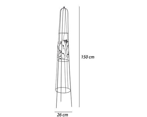 Rankobelisk aus Metall mit Vogel- und Blattdekor, Höhe 150 Zentimeter, Durchmesser 26 Zentimeter.