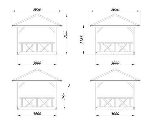Technische Zeichnung eines Gartenpavillons aus Holz mit Maßen: Breite 3850 Millimeter, Höhe 3155 Millimeter und Dachneigung 25 Grad.