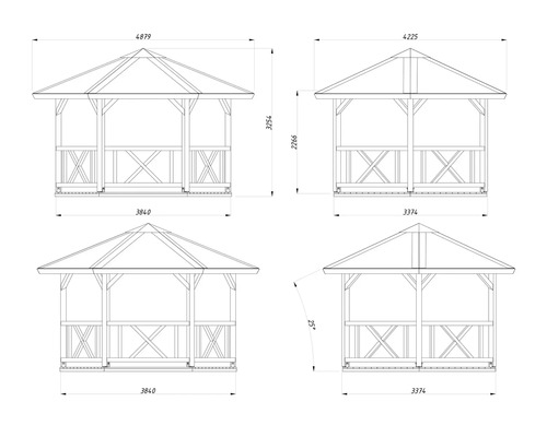 Maßzeichnung eines Gartenpavillons mit Geländer und Walmdach, inklusive Maßangaben für Breite, Höhe und Dachneigung von 25 Grad.