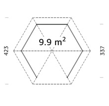 Grundriss eines sechseckigen Gartenhauses mit einer Fläche von 9,9 Quadratmetern und den Maßen 423 mal 337 Zentimetern.