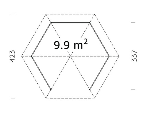 Grundriss eines sechseckigen Gartenhauses mit einer Fläche von 9,9 Quadratmetern und den Maßen 423 mal 337 Zentimetern.