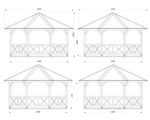 Technische Zeichnung eines Gartenpavillons mit Maßangaben für Breite, Tiefe und Höhe in Millimetern sowie Dachneigung von 25 Grad.