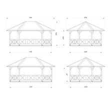 Technische Zeichnung eines Gartenpavillons aus Holz mit detaillierten Maßangaben in Millimeter und einer Dachneigung von 25 Grad.