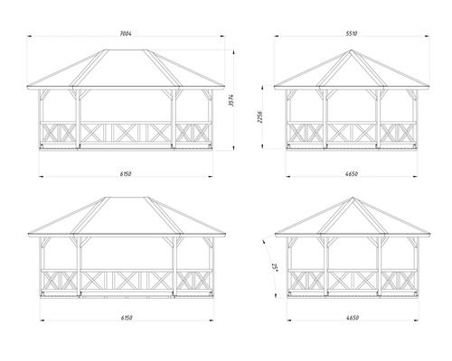 Technische Zeichnung eines Gartenpavillons aus Holz mit detaillierten Maßangaben in Millimeter und einer Dachneigung von 25 Grad.