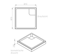 Technische Zeichnung einer quadratischen Duschwanne, 870 mal 870 Millimeter, Höhe 130 Millimeter, Draufsicht und isometrische Ansicht.