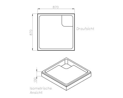 Technische Zeichnung einer quadratischen Duschwanne, 870 mal 870 Millimeter, Höhe 130 Millimeter, Draufsicht und isometrische Ansicht.