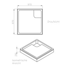 Technische Zeichnung einer quadratischen Duschwanne in der Draufsicht und isometrischen Ansicht, Maße 970 mal 970 Millimeter, Höhe 130 Millimeter.