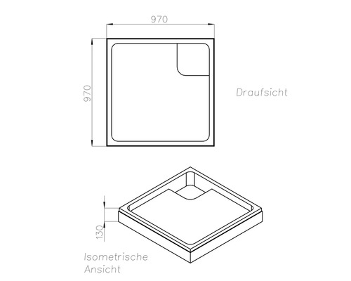 Technische Zeichnung einer quadratischen Duschwanne in der Draufsicht und isometrischen Ansicht, Maße 970 mal 970 Millimeter, Höhe 130 Millimeter.