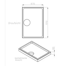 Technische Zeichnung einer rechteckigen Duschwanne mit Draufsicht und isometrischer Ansicht, Maße 670 mal 1170 mal 130 Millimeter.