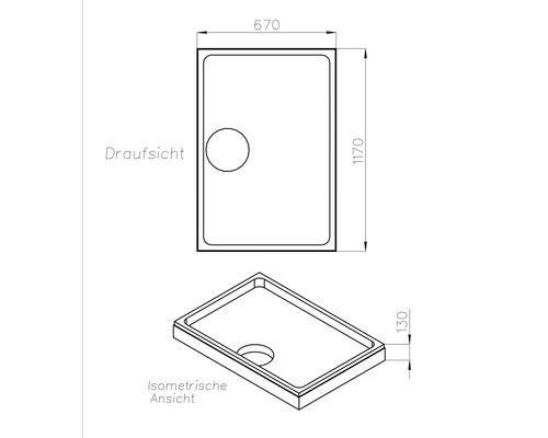 Technische Zeichnung einer rechteckigen Duschwanne mit Draufsicht und isometrischer Ansicht, Maße 670 mal 1170 mal 130 Millimeter.