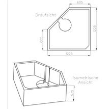 Technische Zeichnung eines fünfeckigen Eckbeckens mit Maßen in Millimeter, bestehend aus Draufsicht und isometrischer Ansicht.
