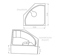 Technische Zeichnung einer Eckduschwanne mit Maßen. Draufsicht 1508 mal 1508 Millimeter und isometrische Ansicht mit Höhenangaben.