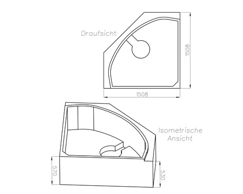Technische Zeichnung einer Eckduschwanne mit Maßen. Draufsicht 1508 mal 1508 Millimeter und isometrische Ansicht mit Höhenangaben.