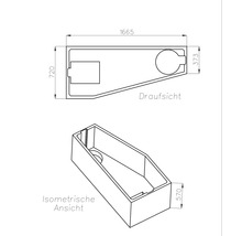 Technische Zeichnung einer asymmetrischen Badewanne in Draufsicht und isometrischer Ansicht mit den Maßen 1665, 720, 373 und 570.