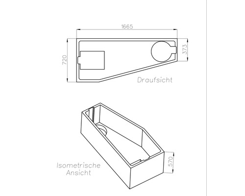 Technische Zeichnung einer asymmetrischen Badewanne in Draufsicht und isometrischer Ansicht mit den Maßen 1665, 720, 373 und 570.
