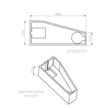 Technische Zeichnung mit Maßen in der Draufsicht und isometrischen Ansicht. Länge 1665, Breite 720 und 373, Höhe 570.