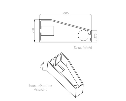 Technische Zeichnung mit Maßen in der Draufsicht und isometrischen Ansicht. Länge 1665, Breite 720 und 373, Höhe 570.